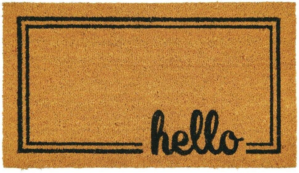mDesign Rectangular Coir and Rubber Entryway Welcome Doormat with Natural Fibers for Indoor or Outdoor Use - Decorative Script Hello Design - Natural/Black (30 x 17)