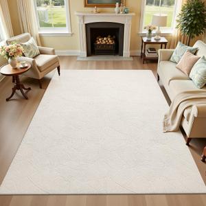Ileading Washable Area Rug for Living Room 6x9 ft, Beige Soft Fluffy Tropical Leaf Carpet with Non Slip Backing, Low Pile Rugs for Bedroom Dining Room Indoor Home Office