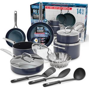 Blue Diamond 14 Piece Cookware Set, Diamond Infused PFAS & PFOA-Free Ceramic Nonstick Pots and Pans, Durable, Non Toxic, Metal Utensil Safe & Scratch Resistant, Dishwasher & Oven Safe, Blue