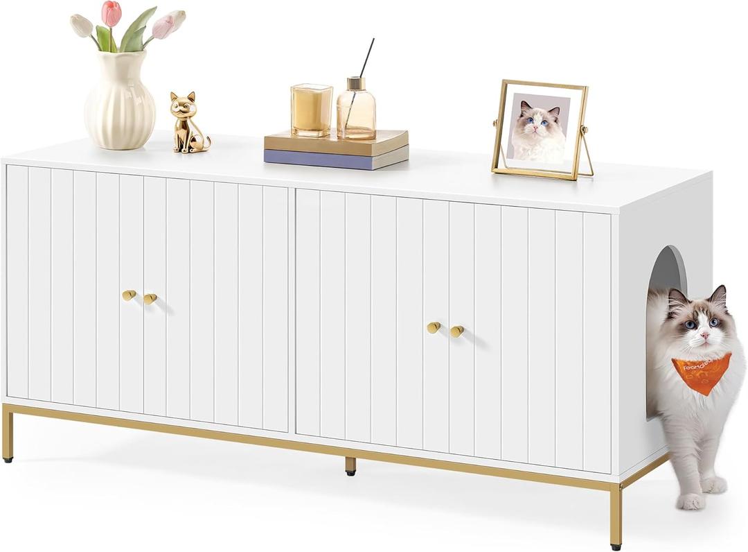Feandrea Double Cat Litter Box Enclosure, Hidden Litter Box Furniture with Double Room, for 2 Cats, Modern Style, 47.2" Pet House Washroom Cabinet, Side End Table, TV Stand, White and Gold