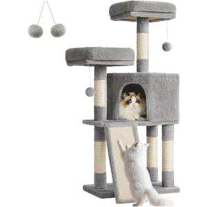 Feandrea Cat Tower, Cat Tree for Indoor Cats, 45.3-Inch Cat Condo with Scratching Post, Ramp, Perch, Spacious Cat Cave, for Kittens, Elderly Cats, Adult Cats, Small Space, Light Gray UPCT141W01