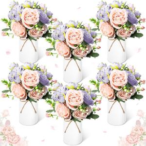 Domensi 6 Sets Wedding Floral Centerpiece for Table Decor, Artificial Peonies Silk Flowers Bouquet with Flower Foam and Metal Vase Faux Floral Arrangement for Bridal Shower Tea Party (Purple Pink)