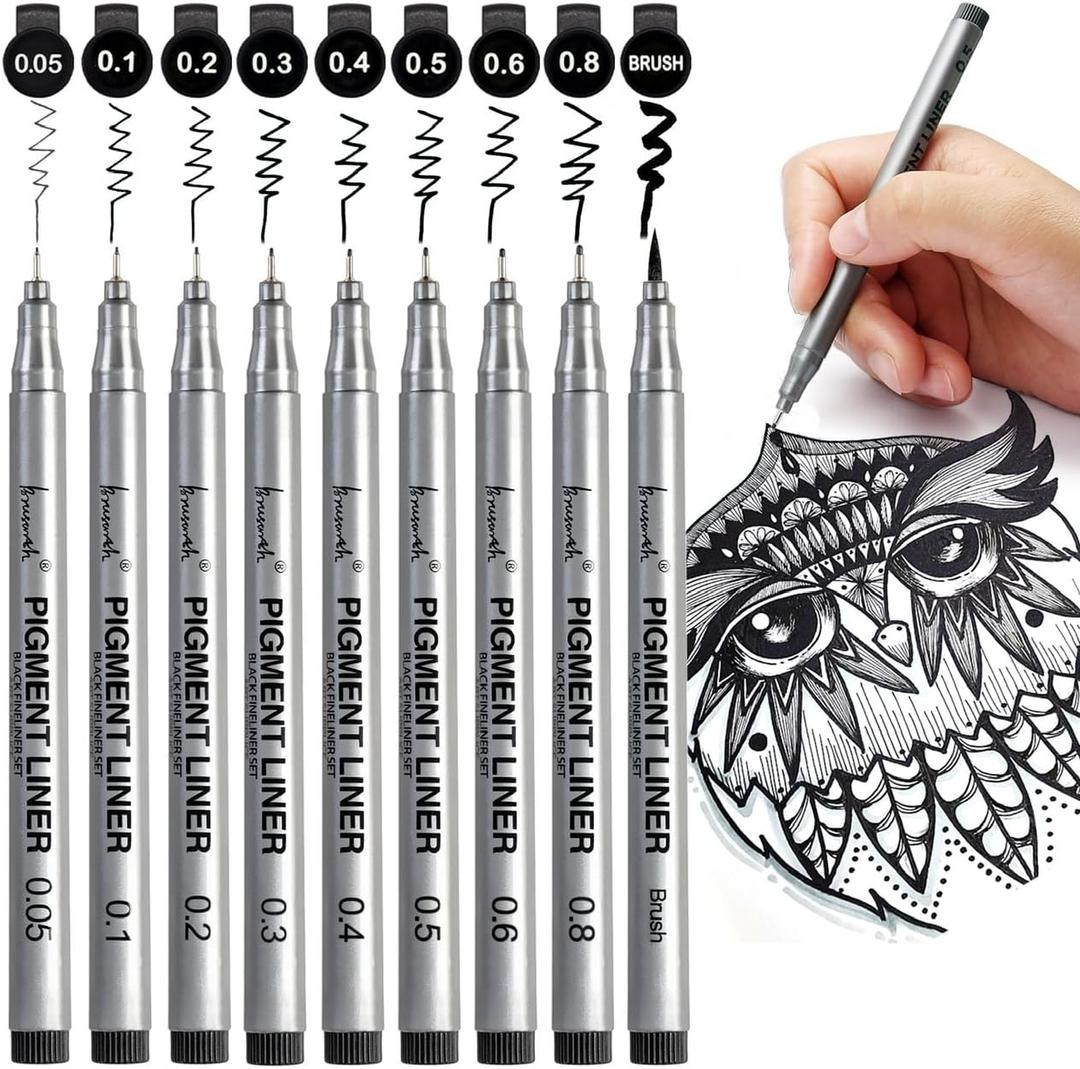 Precision Black Micro-Pen Fineliner Ink Pens, Waterproof Archival Ink, Drawing Pen, Artist Illustration Pens, Multiliner, for Art Watercolor, Sketching, Anime, Manga, Design, 9/Set(Black)