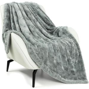 TOONOW Faux Fur Luxury Throw Blanket,Double Side Soft Fluffy Shaggy Fuzzy Blanket for Couch Sofa Bed (Glacier Gray, Throw)