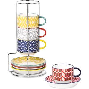 Selamica Ceramic Espresso Cups with Saucers and Metal Stand, 4 OZ Stackable Demitasse Cups for Latte Coffee Caf Mocha Tea, Set of 4, Assorted Colors