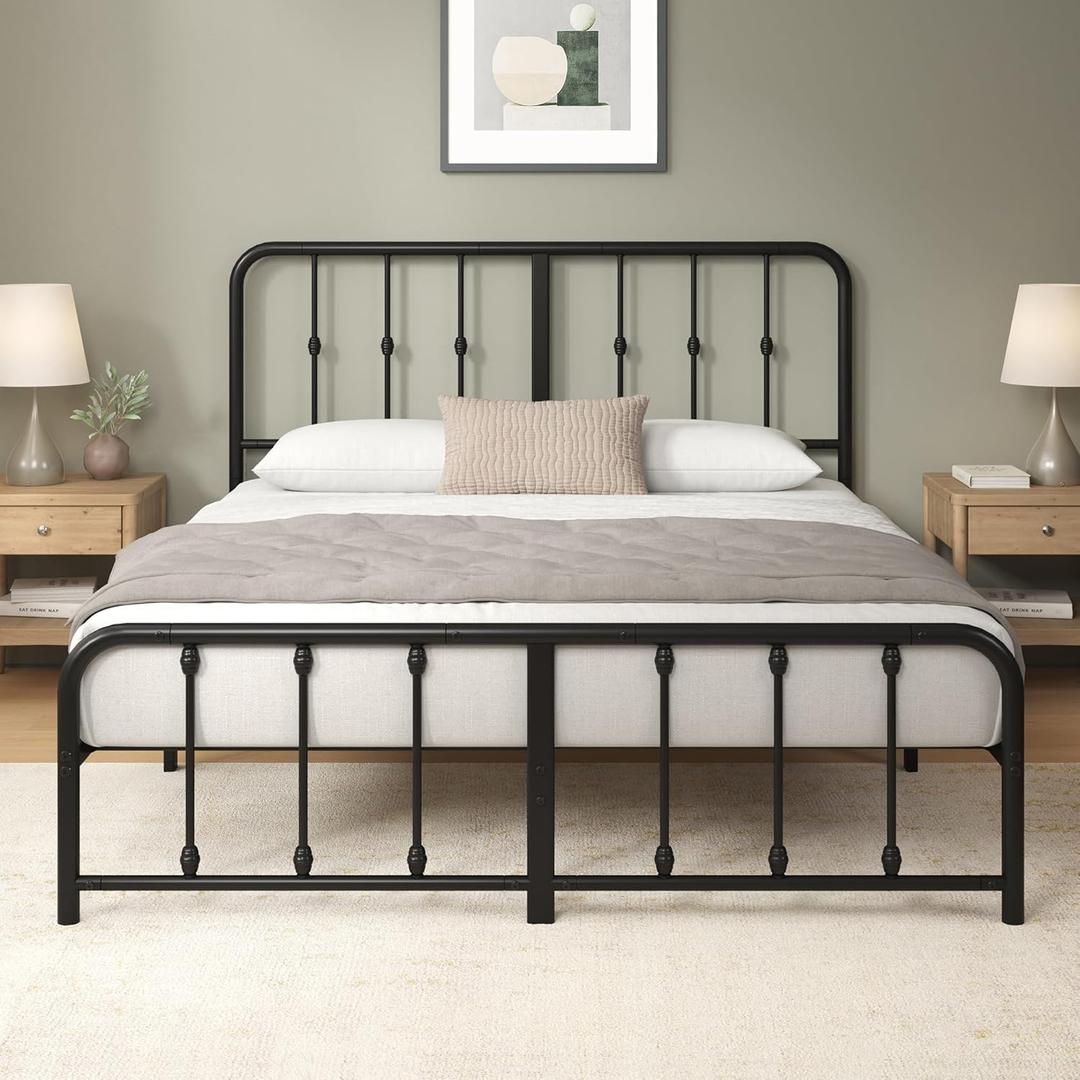 Zinus Leonardo Metal Platform Bed Frame, Victorian Spindle Style Headboard and Footboard, Heavy Duty Bed Base, Ample Underbed Space, Queen (Black)