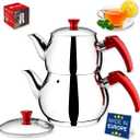 Hakan Teapot Set 67 Oz with Self Strainer Double Lids, Stainless Steel Mini Double Bondy Tea Pot Set 2 L, 2.1-Quart, Turkish Samovar Style, Tea Kettle for Loose Leaf Tea with Red Bakelite Handle