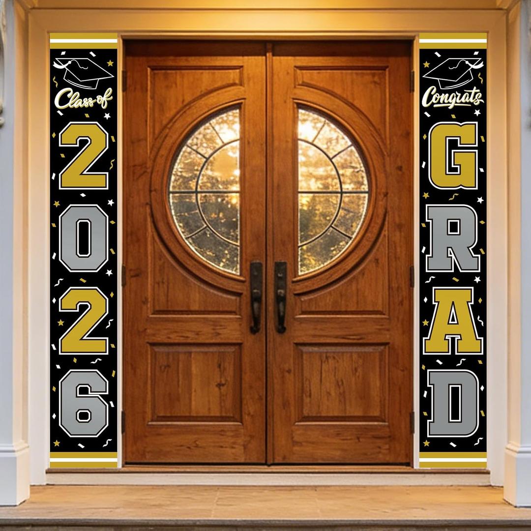3 x 2026 Graduation Decorations,Congrats Grad Banner Backdrop for Class of 2026 Decorations- Black and Gold Graduation Party Decorations