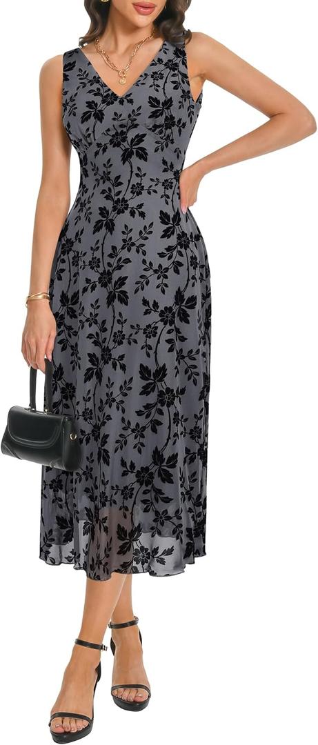 Women's Sexy V Neck Sleeveless Mesh Maxi Dresses Summer Casual Elegant Long Floral Dress Wedding Guest Cocktail Party (Grey)