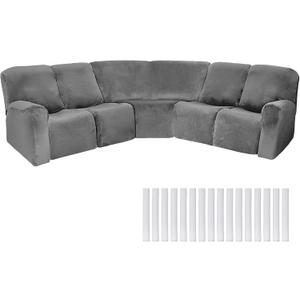 Peryiter 7 Pcs L Shape Sectional Recliner Sofa Covers 5 Seat Sectional Couch Covers Milk Silk Velvet Stretch Reclining Sofa Slipcover Furniture Protector for Living Room(Dark Gray,Velvet), 381 cm x 66 cm x 76.2 cm