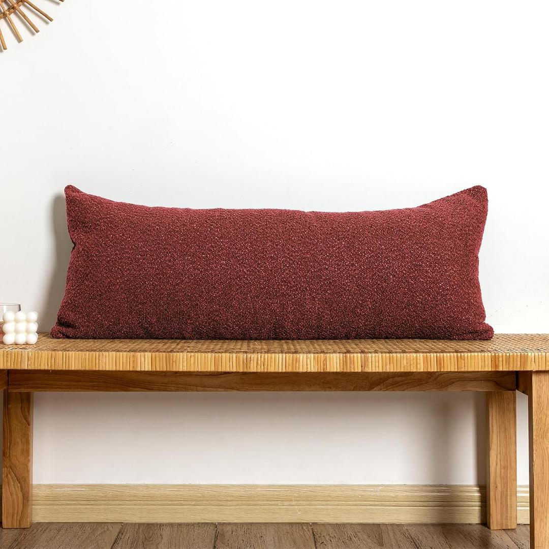JoraLion 14x36 inch Boucle Lumbar Pillow Cover, Burgundy Woven Texture Neutral Long Pillow Cover Breathable Cushion Case for Couch Sofa Bed Living Room Home Decor (Cover Only)