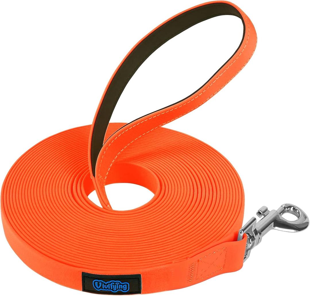 Vivifying Waterproof Dog Leash, 32FT Dog Training Lead Durable PVC Coated Webbing Long Leash with Soft Handle for Camping, Backyard Playing, Beach and Lake(Orange)