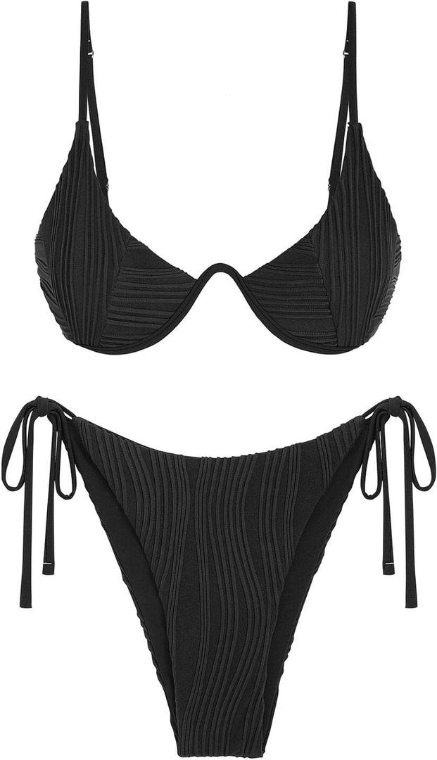 ZAFUL Women's Textured Underwire Bikini Set V Notch High Cut Swimwear Tie Side Ribbed Sexy Swimsuits (Medium, 441-black)
