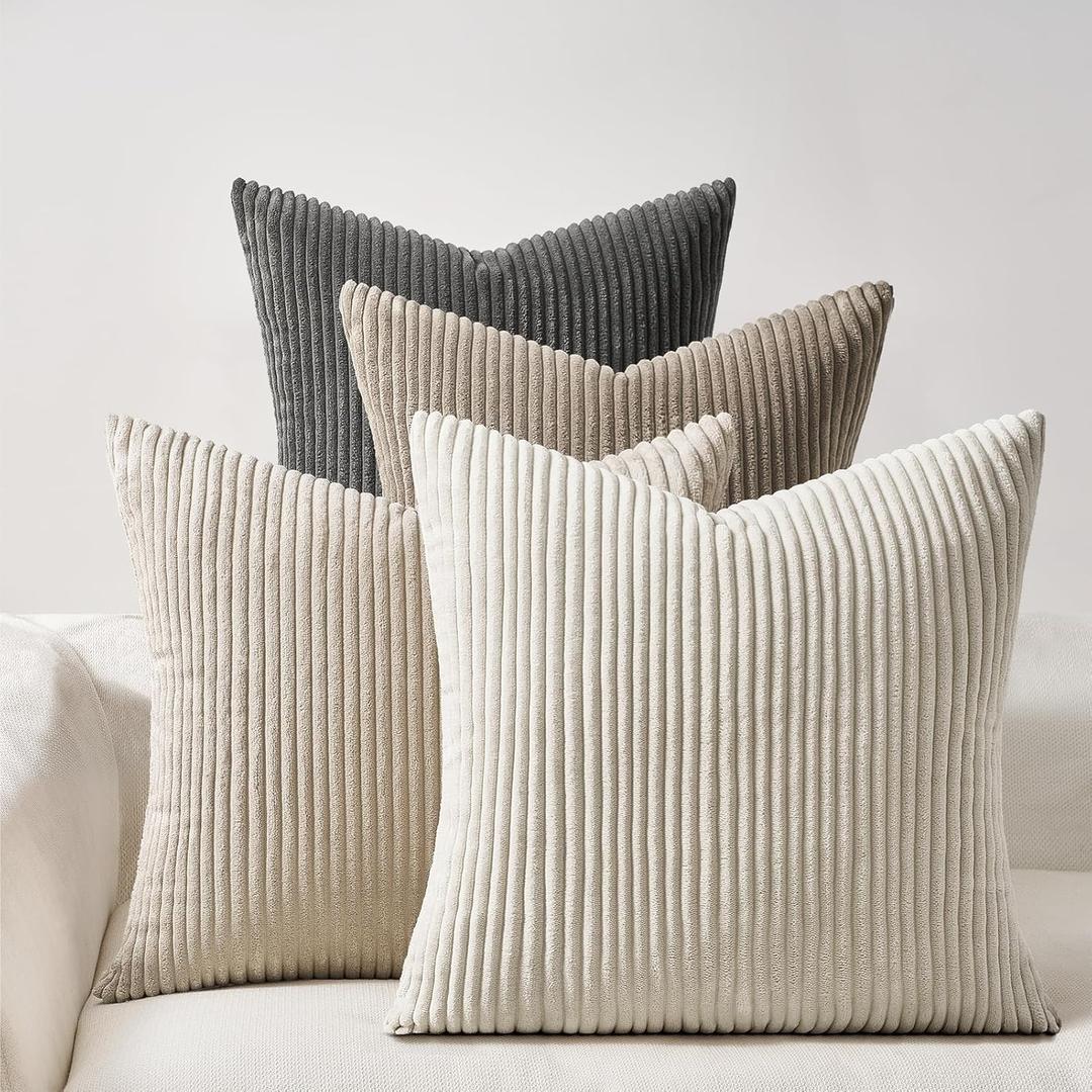 Topfinel 4 Packs Natural Decorative Throw Pillows Covers 22x22 Inch for Living Room Couch Bed Sofa, Rustic Farmhouse Boho Neutral Home Decor, Soft Plush Striped Corduroy Square Cushion Case 40x40 cm