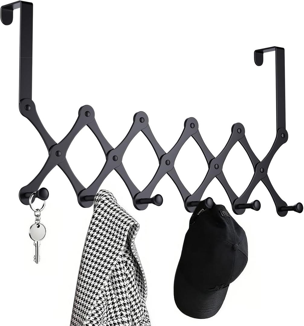 SCUNDA Expands Over The Door Hook Rack, Heavy Duty No Drill Hooks for Bathroom, Bedroom, Kitchen, Closet - Over The Door Hanger for Towels, Robes, Bags, Coats (Black)