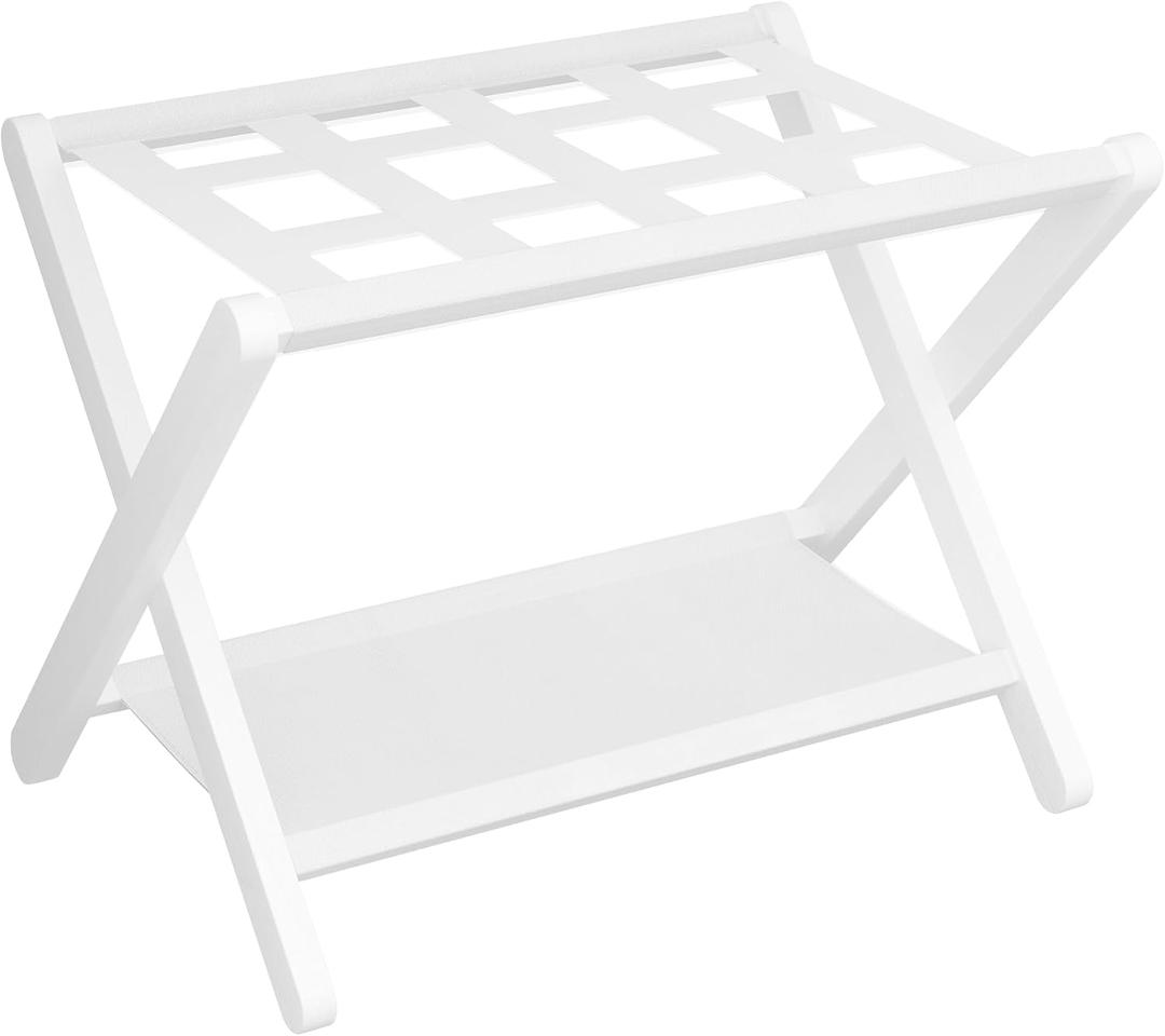 Heybly Luggage Rack, Folding Suitcase Stand with Storage Shelf, Heavy-Duty Luggage Holder for Guest Room Bedroom Hotel, Holds up to 165 lb, White, HLR010W1