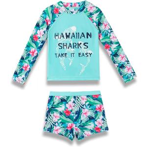 PHIBEE Girls' Rash Guard Set Long Sleeve UPF 50+ Sun Protection Two-Piece Swimwear (14, Green)
