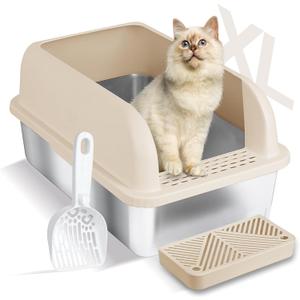 Chenove Extra Large Stainless Steel Litter Box with Lid, High Wall Enclosed Cat Litter Boxes for Anti-Leakage, XL Metal Litter Box with Scoop, Easy Clean Cat Box for Multi Cats, Non-Sticky Litter Pan (6" Deep, Beige&Sliver)
