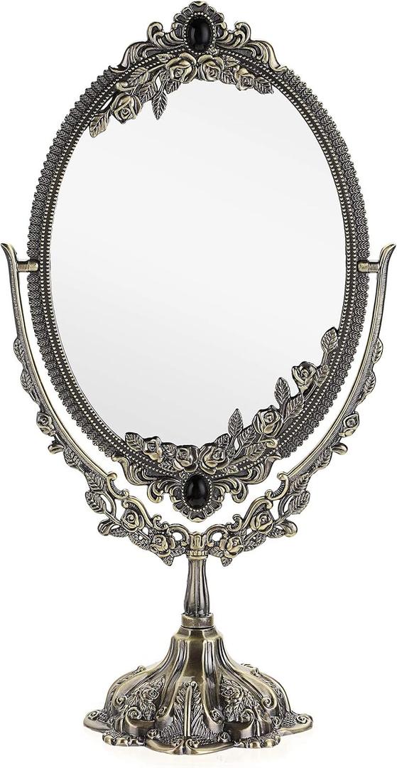 JUXYES Metal Tabletop Antique Decorative Makeup Mirror with Stand, Vintage Swivel Double Sided Cosmetic Mirror with Frame, Retro Desktop Oval Dressing Mirror for Bathroom Bedroom