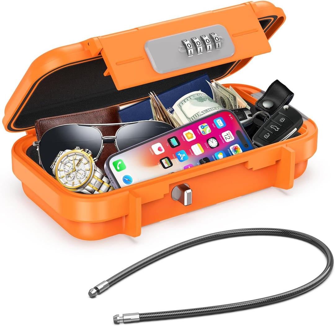 AMIR Portable Combination Lock Box, Security Case Lock Box with Code, Waterproof Anti-Theft Mini Travel Safe Box with Removable Chain, Portable Lock Box for Dorm Beach Hotel (Orange)