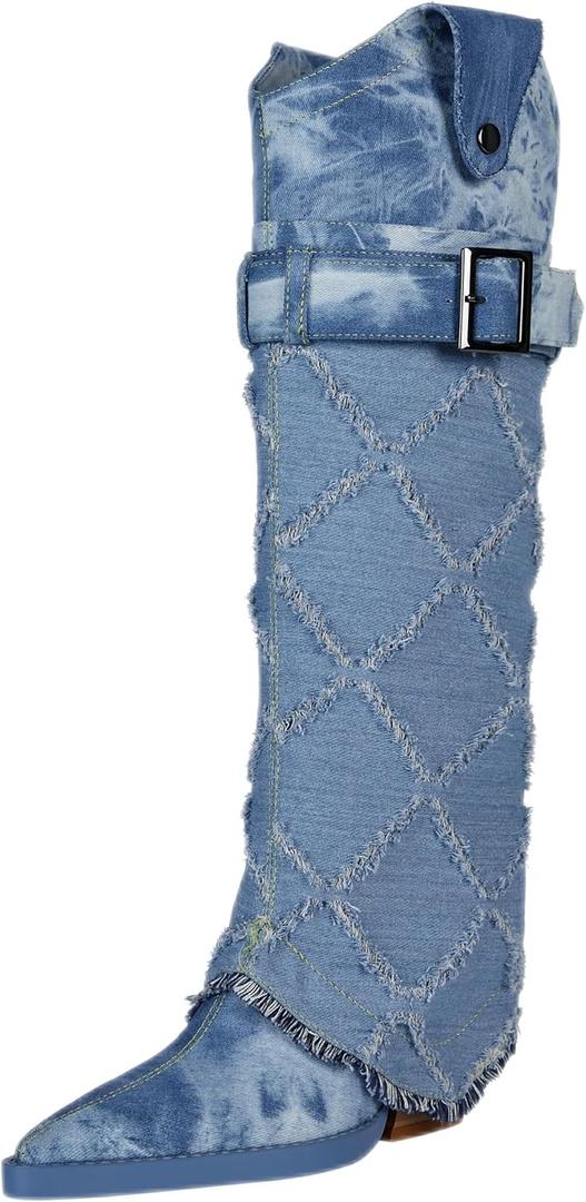 Women's Fashion-forward Versatile Denim Pointed toe Chunky Heel Over-the-Knee Boots (6, Blue1)