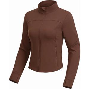 MIER Womens Workout Jackets Full Zip Up Cropped Slim Fit Lightweight Athletic Running Track Gym Tops, Thumb Holes & Pockets (Brown, XL)