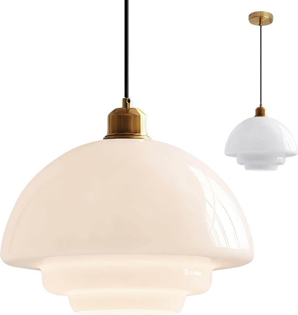 Mid-Century Milk Glass Pendant Light with Gold Metal Holder, Indoor Ceiling Hanging Lamp, E26 Farmhouse Modern Lighting for Kitchen Island, Dining, Living Room (White, B)