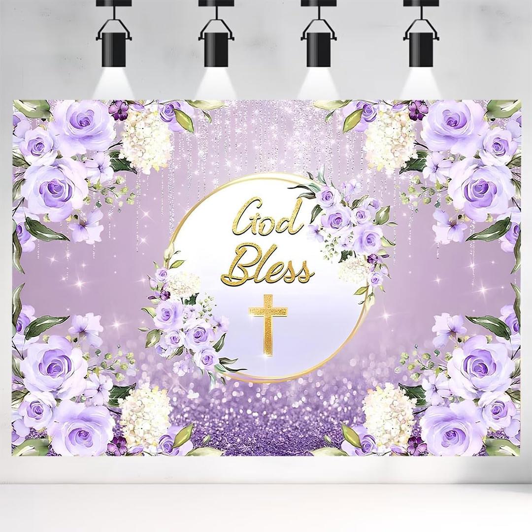 Golden Cross God Bless Photo Background Newborn Christening Purple Flowers Decoration First Holy Communion Baptism Christening Party Backdrop Baby Shower Cake Table Background (8X6FT)