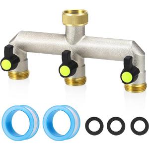 Brass Garden Hose Splitter  Water Hose Splitter 3 Way Heavy Duty, Outdoor Faucet Splitter with Shut Off Valves, Hose Bib Adapter and Spigot Connector 3/4"