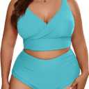 Eytino Womens Plus Size Bikini Sets High Waisted V Neck Bahting Suits Two Piece Color Block Swimsuits (XXL)