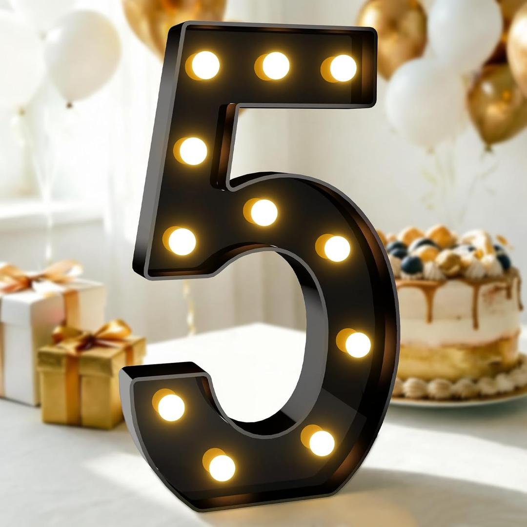 Pooqla Large Light Up Numbers for 5th Birthday Decorations, 12.6 in Tall Black Plastic Marquee Numbers Sign Party Decorations, Gift for Boys Girls Night Light Wedding Anniversary Decor, Big Number 5