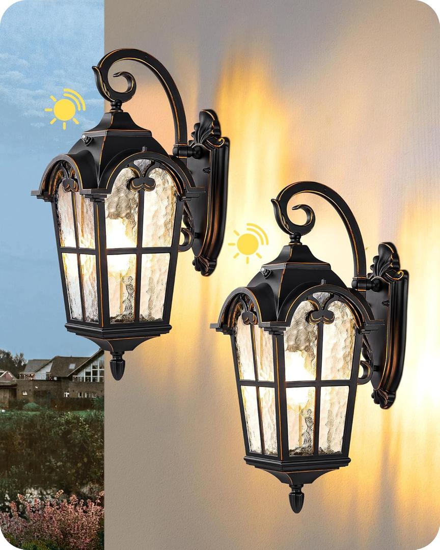 EDISHINE Dusk to Dawn Outdoor Wall Light, Roman Large Size Exterior Lantern Fixtures, E26 Base, Waterproof Porch Lights Wall Mount, Black Outside Wall Sconce, 2 Pack