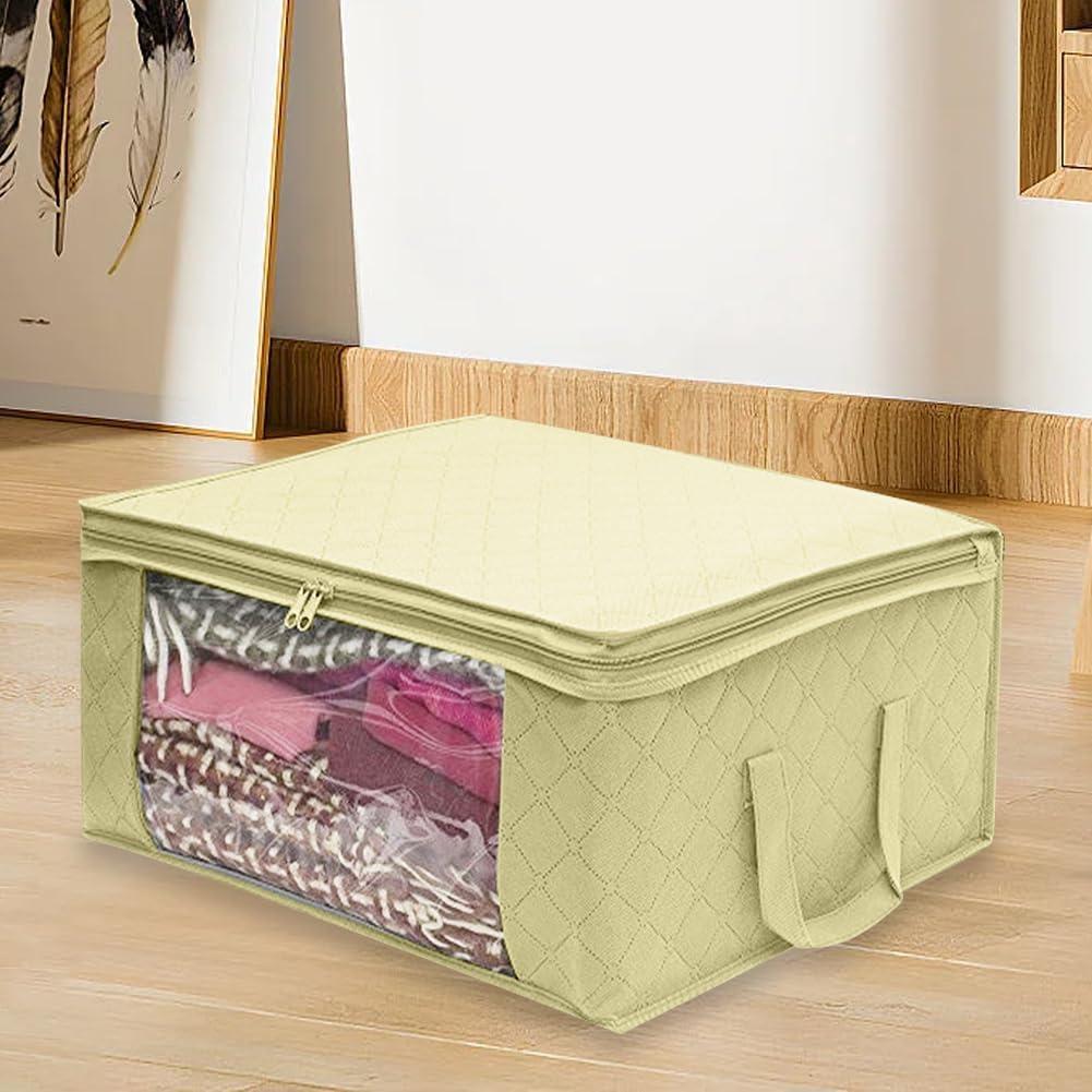 Foldable Storage Bag with Zipper & Clear Window - Beige Clothes Storage Organizer for Blankets, Closet, Dormitory, Breathable Fabric Bin (1-Pack)