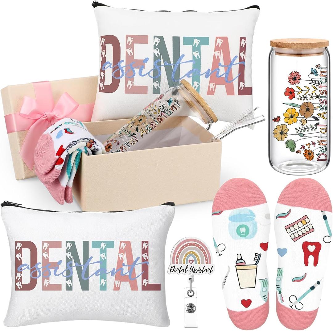 Skylety 5 Pcs Christmas Dental Assistant Gifts Women Dentist Gift 16oz Cup Socks Cosmetic Bag Badge Holder Dental Hygienist Appreciation Gift Box for Dentals Assistant Accessories Birthday Graduation