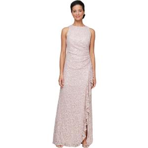 Alex Evenings Women's Long Sleeveless Mother of The Bride Dress w/ Cascade Ruffle & Front Slit Regular Sizes, Shell Pink, 14 Petite