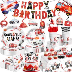 Emergency Vehicle Birthday Decorations for Boys, 191 PCS All-in-One Fire Truck Ambulance Police Car Party Supplies Includes Banner Plates Tablecloths, for Firetruck Party Decor, Serves 25