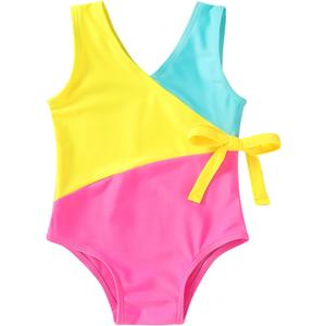 Happy Town Toddler Swimsuit Girl One Piece Bathing Suit Color Block Swimwear Baby Summer Beach Wear (4-5T, Blue Yellow Pink)