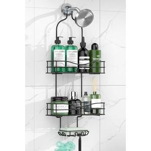 DAOYA Bathroom Shower Caddy Hanging - 3-Tier Organizer with Soap Holder & 6 Hooks for Towels, Sponge; Fits 21mm Shower Head Arm, Black