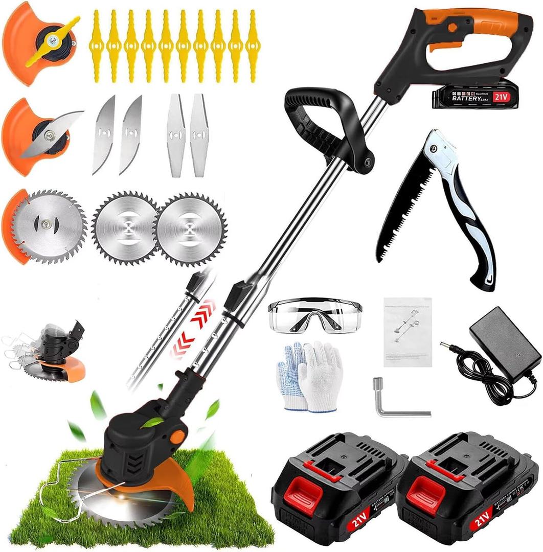 Weed Wacker, Electric Weed Wacker with 2 X 21V 2000mAh Batteries, Cordless Weed Wacker, Electric String Trimmer, 3 in 1 Lightweight Grass String Trimmer Brush Cutter, Garden Weeding Equipment