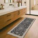 Black Entryway 2x5 Runner Rug, Small Throw Runners for Kitchen Bedroom Bathroom Laundry Room, Vintage Floral Decor & Non-Slip Low-Pile Washable Stain Resistant, Dark Ashen Charcoal