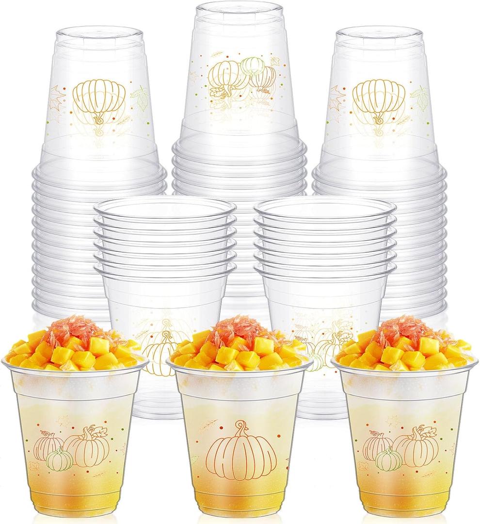 Yaomiao 50 Pcs 12 oz Fall Thanksgiving Plastic Cups Bulk Disposable Fall Cups Clear Pumpkin Maple Leaves Drinking Decorations for Harvest Autumn Thanksgiving Birthday Party Supplies