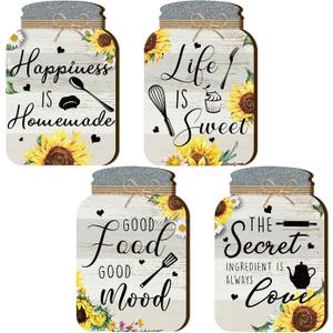 Qunclay 4 Pcs Kitchen Wall Decor Mason Jar Set Wooden Rustic Room Signs Farmhouse Decorations Wall Art Hanging Plaque 6 x 4 Inch(Sunflower)
