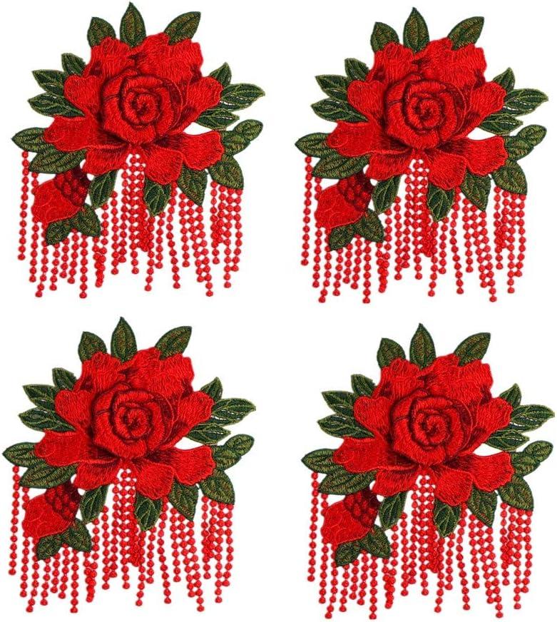 4 Pieces Vintage Large Peony Fabric Patches with Tassel Lace Flower Sew Embroidered Appliques for Garment Shoes Jeans Clothes Fringe Trim Embellishment (Red)