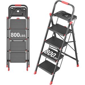 4 Step Foldable Step Ladder with Mutifunctional Tool Tray, Platform Ladders Stepstools, Step Stool 4 Step Folding with Non-Slip Pedals, 800lbs Bearing Capacity for Adults, Home, Kitchen, Black Red