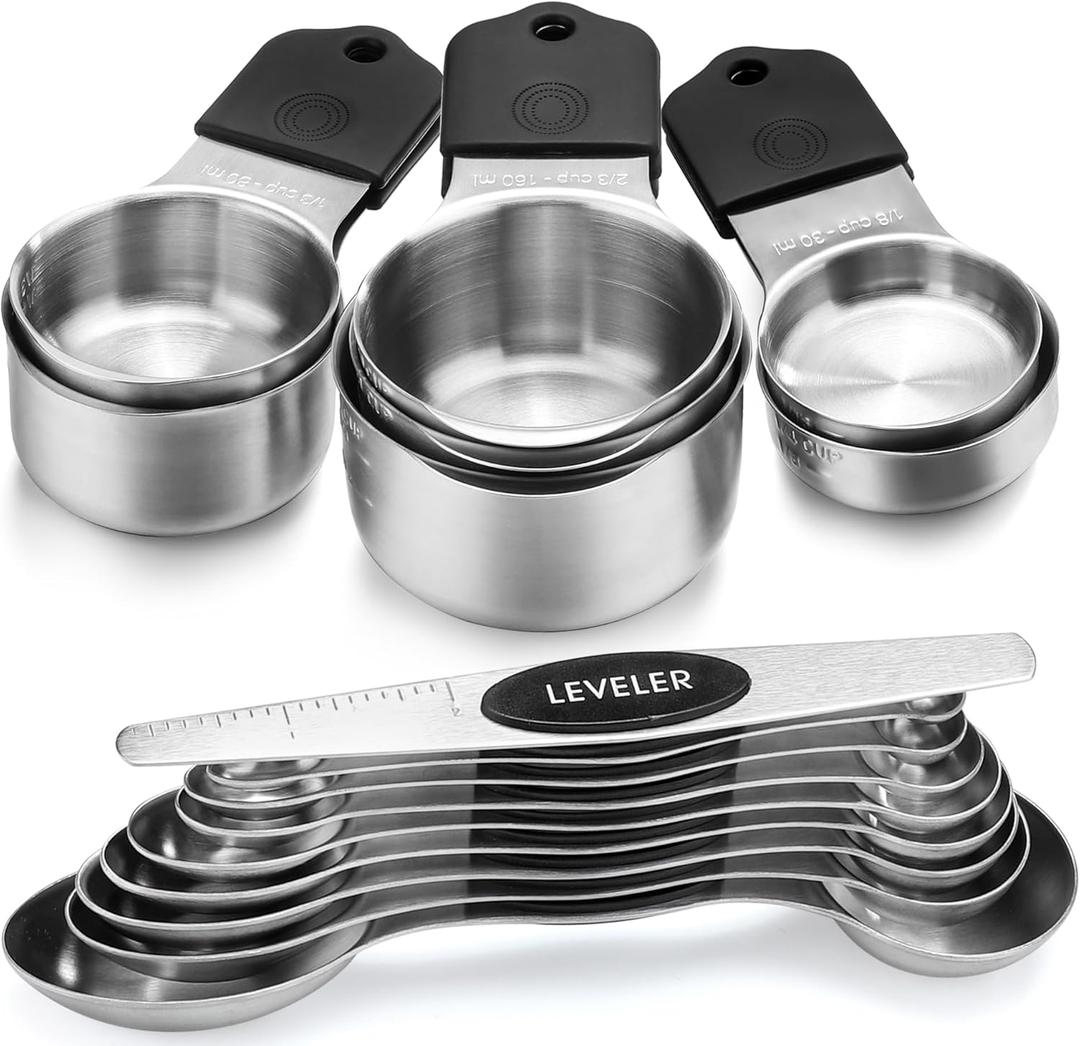 Magnetic Measuring Cups and Spoons Set Stainless Steel 7 Heavy Duty Measuring Cup & 8 Measuring Spoons with 1 Leveler for Measure Dry and Liquid Ingredients (Black)