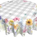 Giwawa Spring Floral Tablecloth Round 60 Inch Watercolor Summer Flower Table Cover with Grey Buffalo Plaids Wildflower Butterfly Table Cloth Polyester Heat Resistance for Kitchen Dining Camping Decor