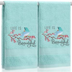 SmoothNovelty 2 Pcs Bird Hand Towels Mint Green Bathroom Decor 14x29 Inch Embroidered 100% Cotton Soft Absorbent Spring Summer Decorative Hand Towels for Bathroom Kitchen