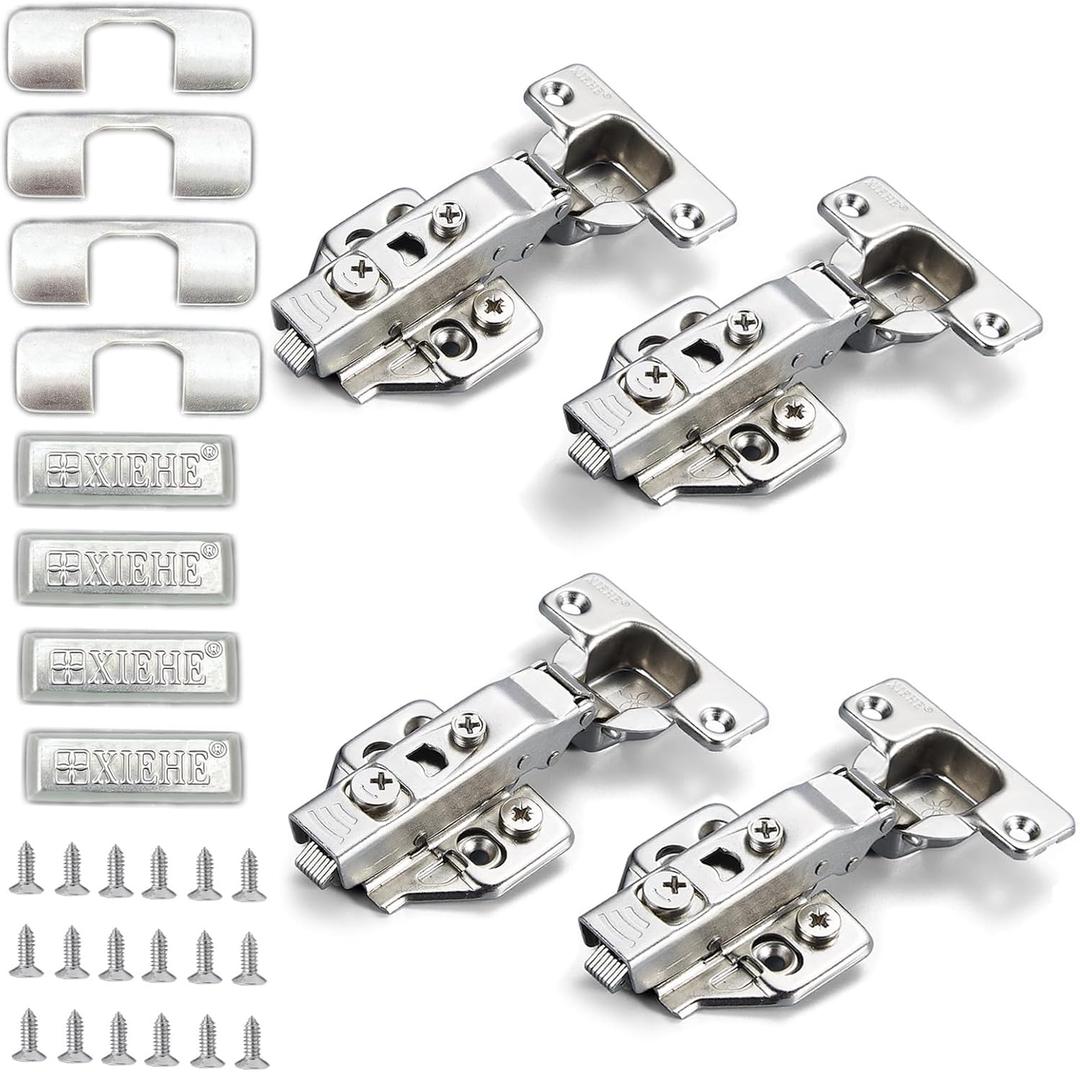 XIEHE Hardware 110 Degree Clip-on Soft Closing Full Overlay Frameless Hinges 4 Pack, for Kitchen Cabinets Door Brushed Nickel 3D Flush Mount European Hinge with Screws