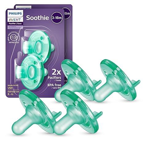 Philips Avent Soothie Orthodontic Baby Pacifiers, 100% Silicone Pacifiers, One Piece, BPA-Free, for Babies 3-18 Months, Green, 2 Pack