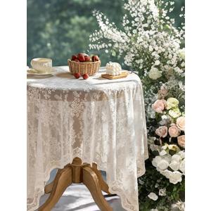 Lace Tablecloth Exquisite Embroidery Floral, Round Tablecloth with Wavy Openwork,Tablecloths for Wedding Decor,Afternoon Tea,Party